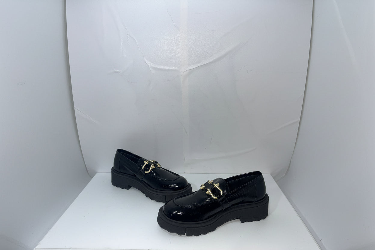 Mocassini Donna Neri con Morsetto Dorato - Loafers Platform Chunky