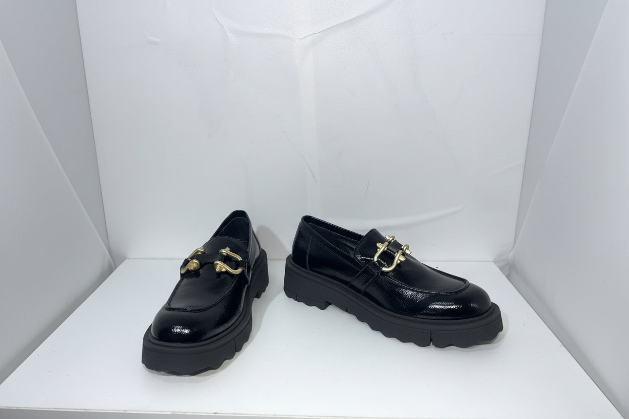 Mocassini Donna Neri con Morsetto Dorato - Loafers Platform Chunky