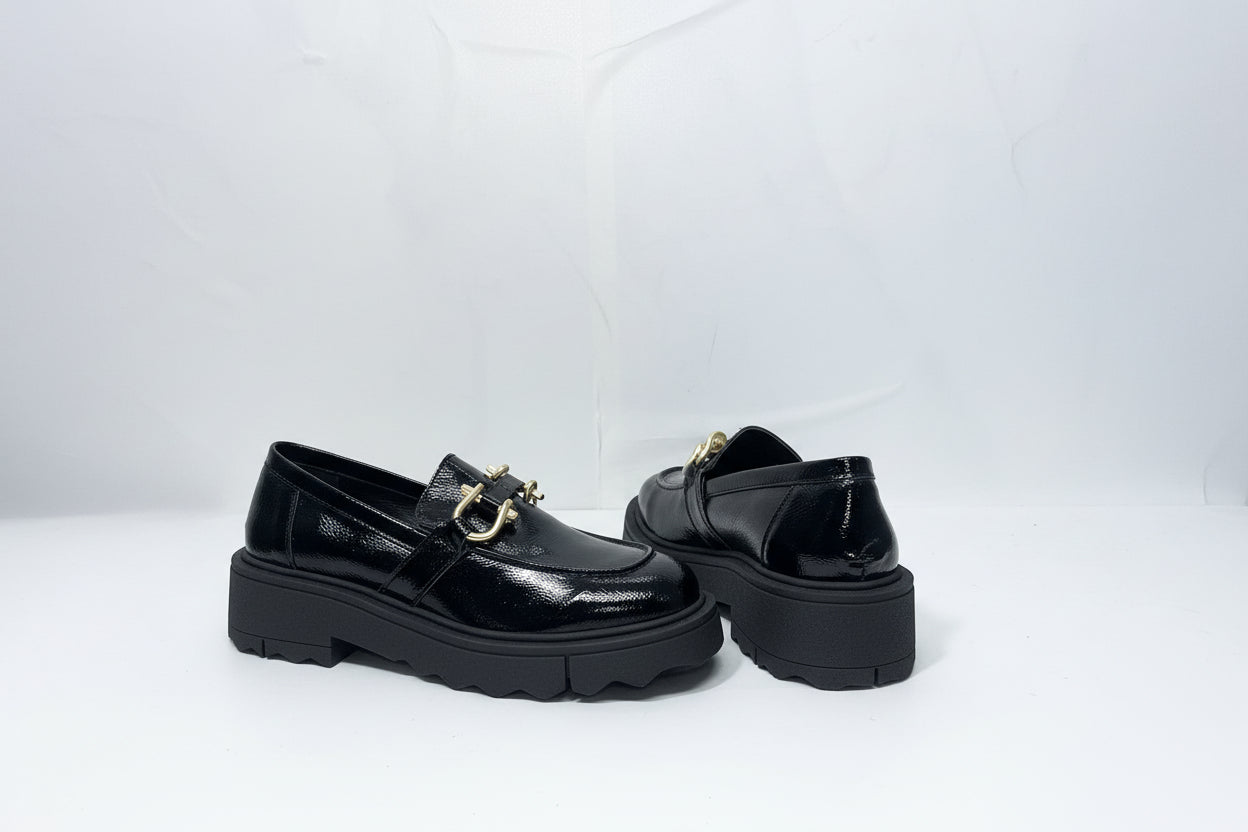 Mocassini Donna Neri con Morsetto Dorato - Loafers Platform Chunky