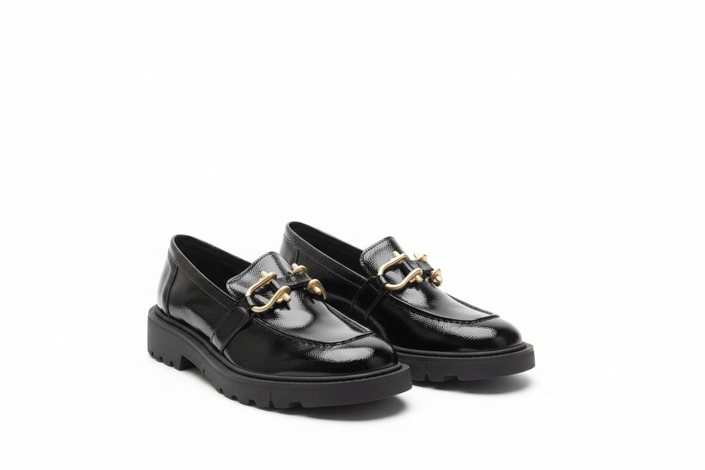 Mocassini Donna Neri con Morsetto Dorato - Loafers Platform Chunky