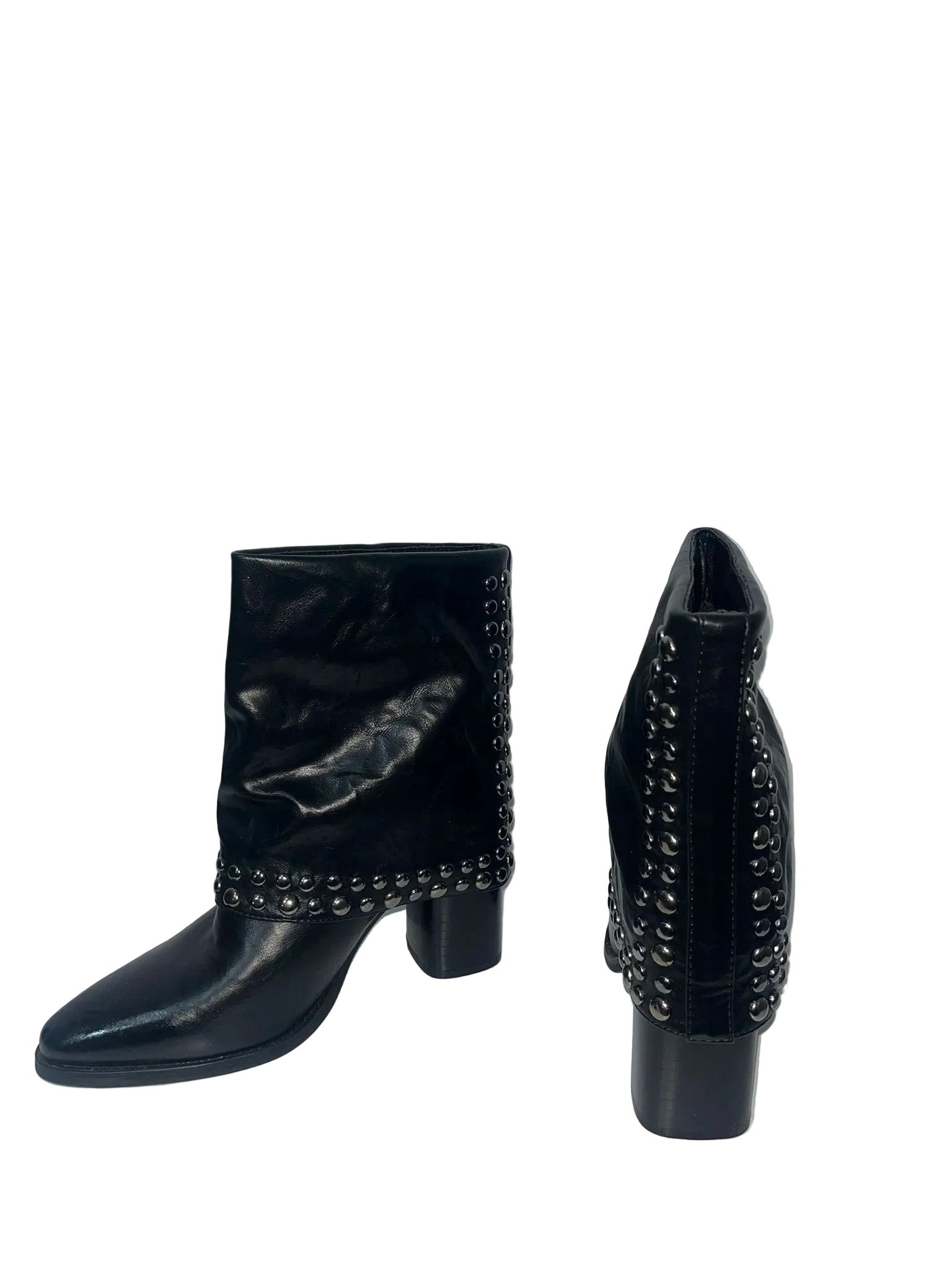 Stivaletti Neri in Pelle con Borchie e Tacco Medio