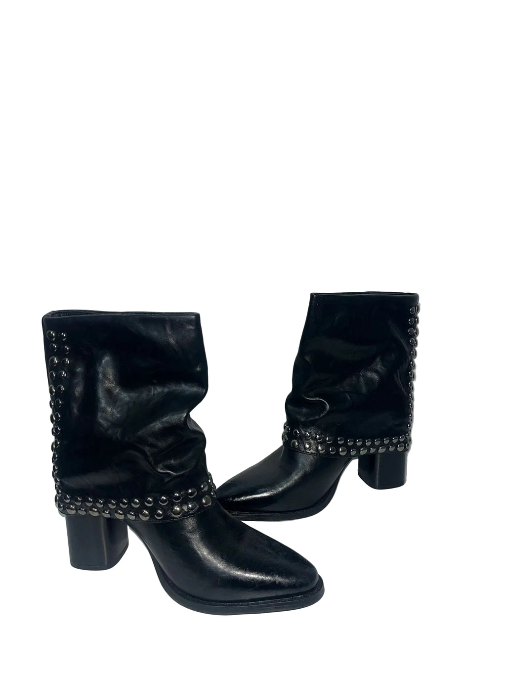 Stivaletti Neri in Pelle con Borchie e Tacco Medio