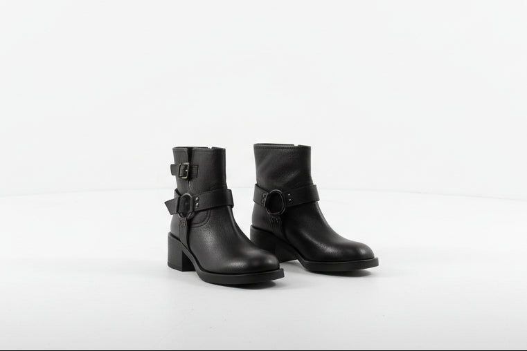 Stivaletti Biker Neri in Pelle con Fibbie e Tacco Medio