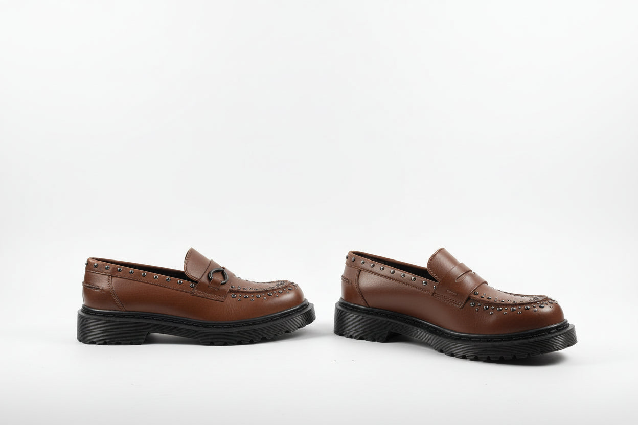 Mocassini Marroni in Pelle con Borchie e Suola Chunky