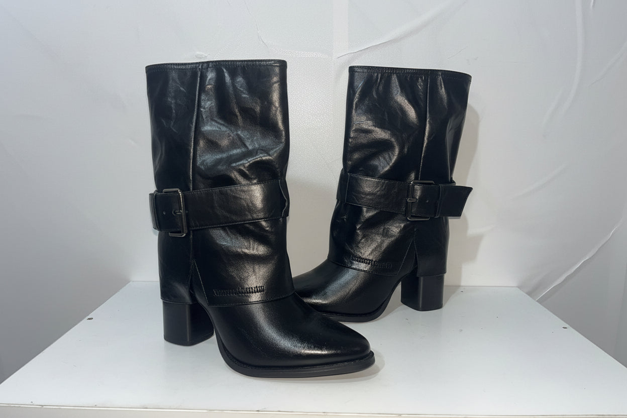 Stivali Neri in Pelle con Tacco e Fibbie - Campione Taglia 37