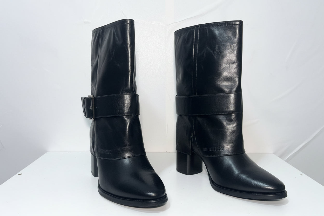 Stivali Neri in Pelle con Tacco e Fibbie - Campione Taglia 37