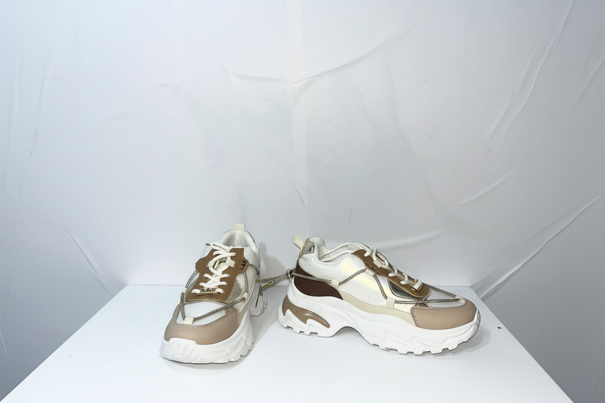 Sneakers Chunky Donna Bianche e Oro - Scarpe Sportive Platform con Dettagli Metallizzati
