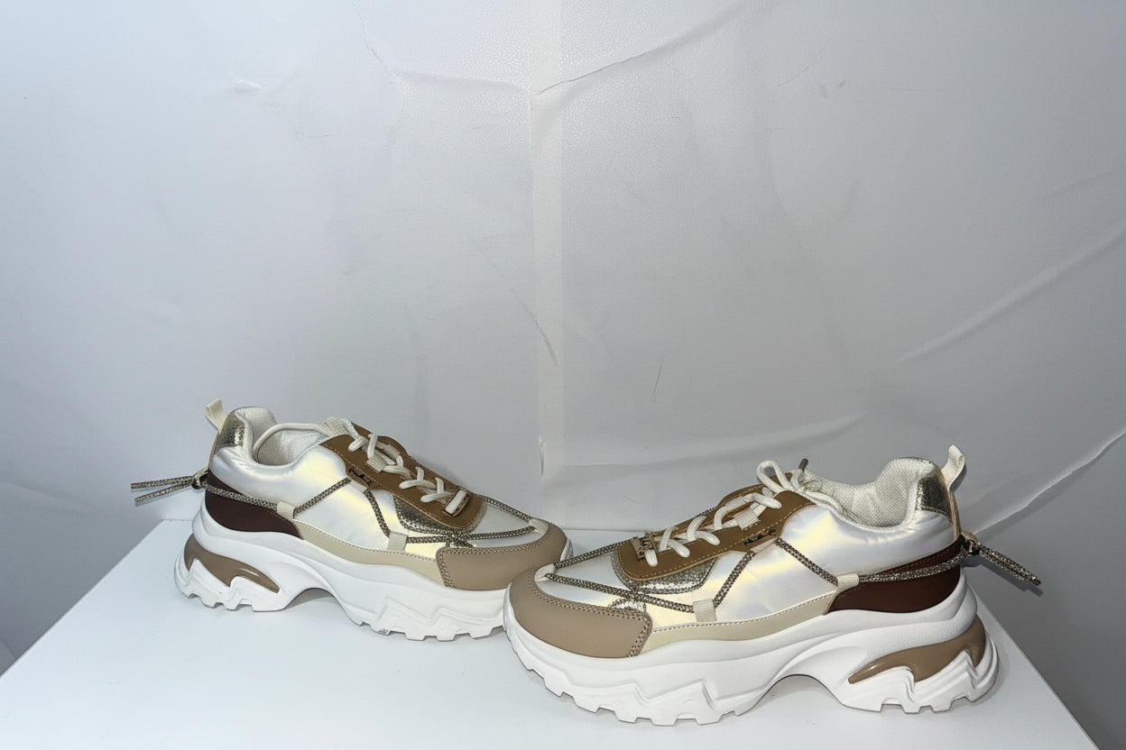 Sneakers Chunky Donna Bianche e Oro - Scarpe Sportive Platform con Dettagli Metallizzati