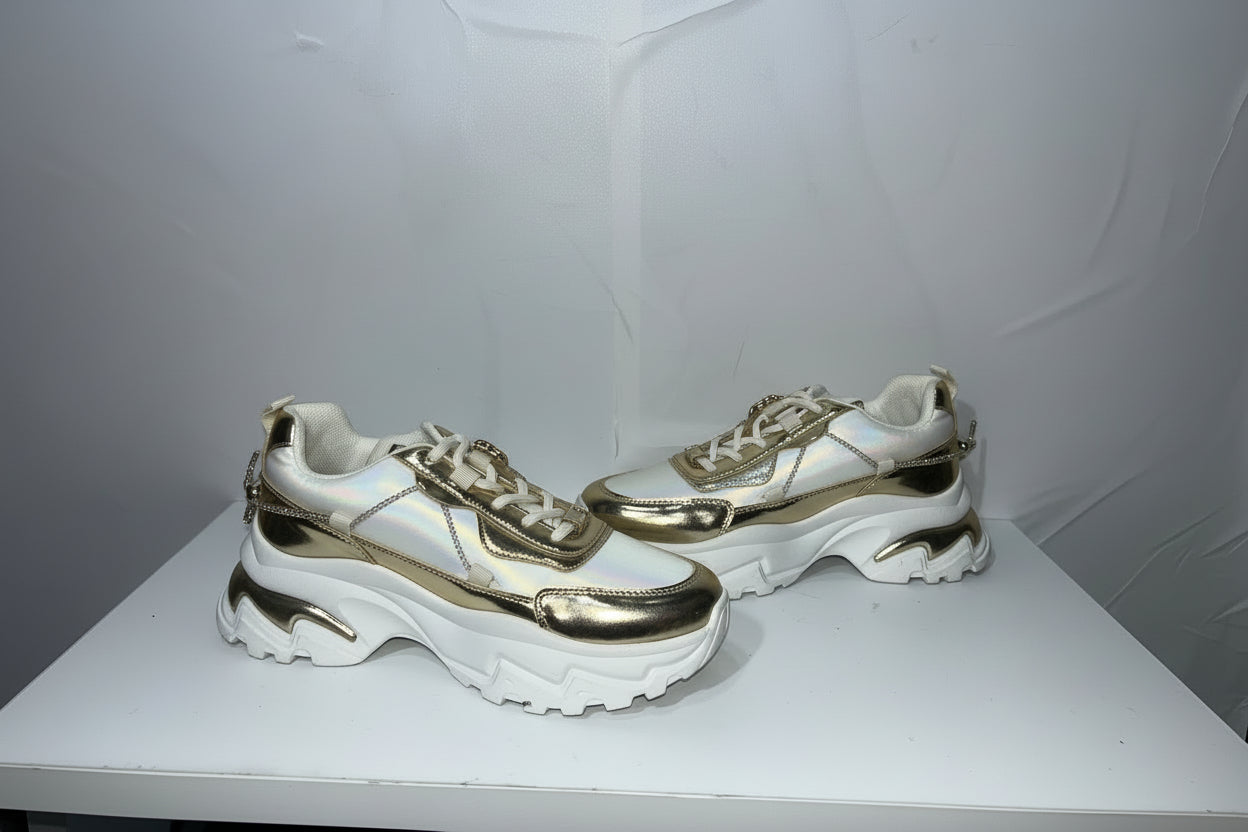 Sneakers Chunky Donna Bianche e Oro - Scarpe Sportive Platform con Dettagli Metallizzati