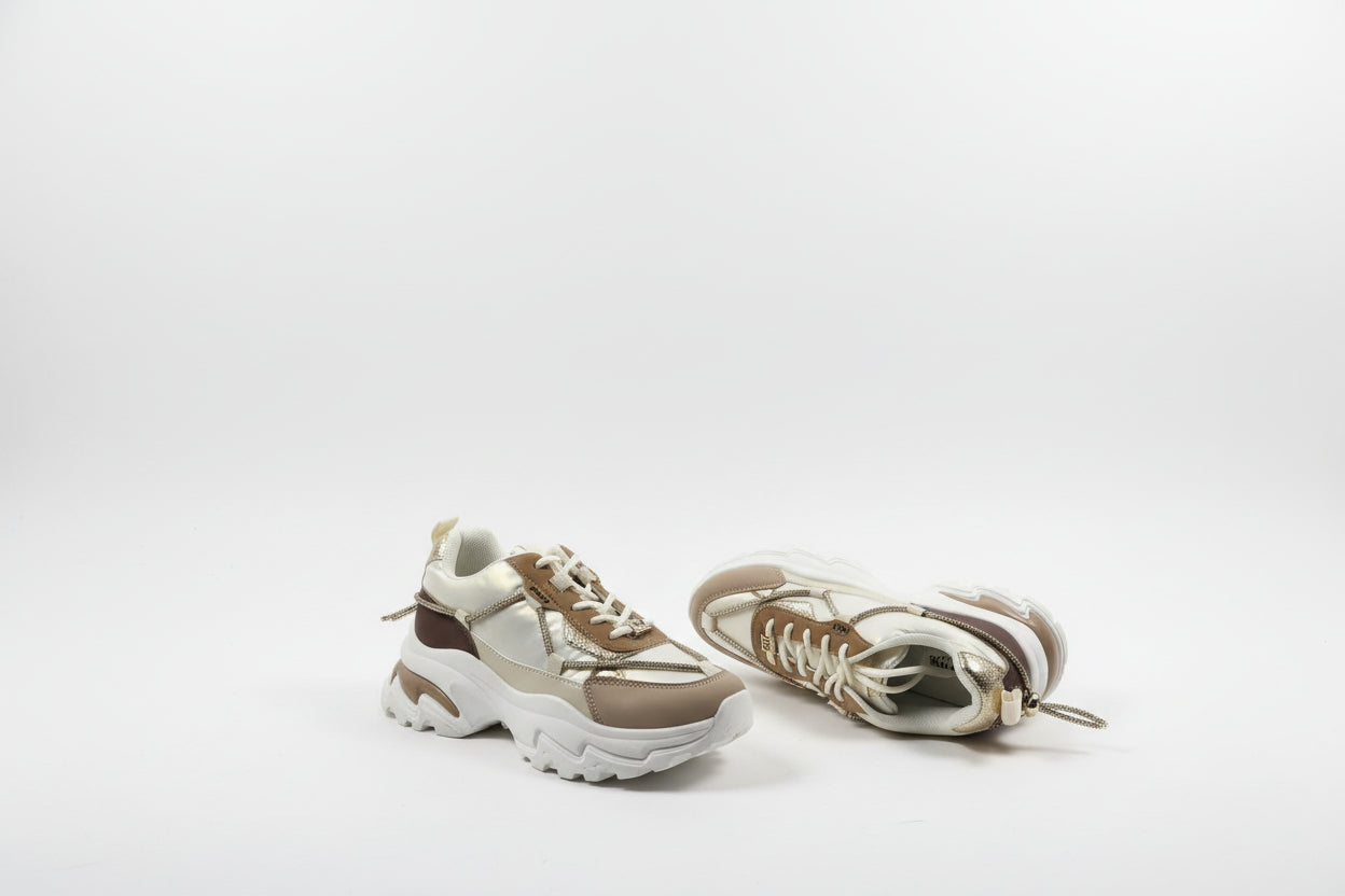 Sneakers Chunky Donna Bianche e Oro - Scarpe Sportive Platform con Dettagli Metallizzati