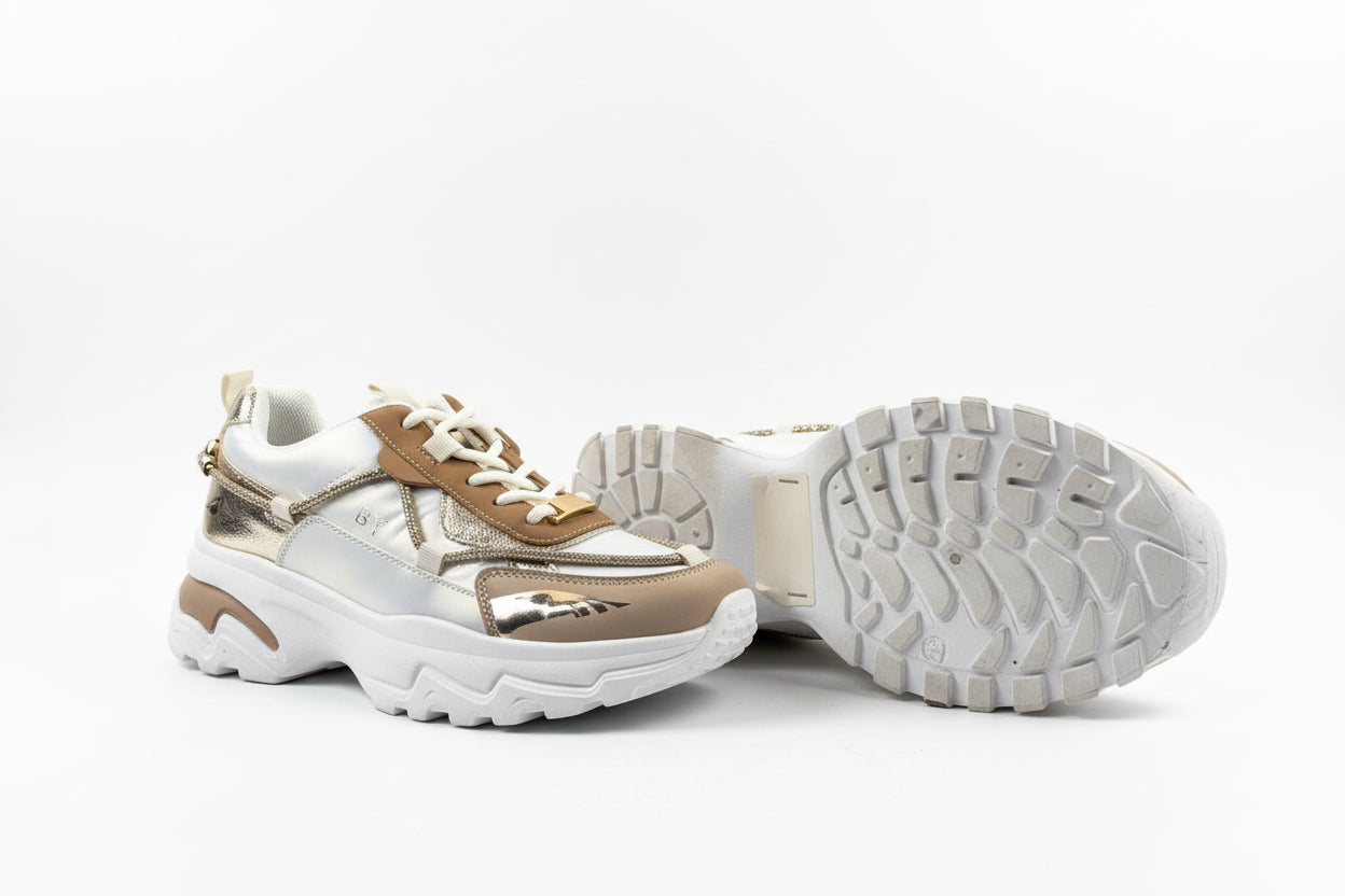 Sneakers Chunky Donna Bianche e Oro - Scarpe Sportive Platform con Dettagli Metallizzati
