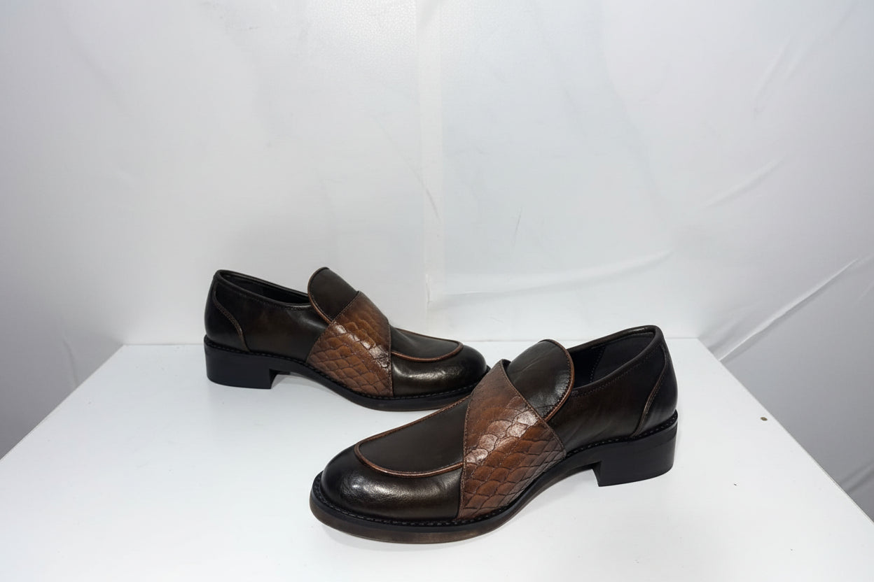 Mocassini Bicolore Nero e Marrone Effetto Coccodrillo - Campione Taglia 37