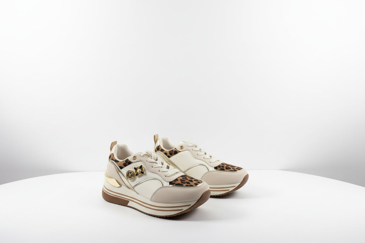 Sneakers Donna Bianche con Dettagli Leopardati - Scarpe Platform Animalier con Borchie