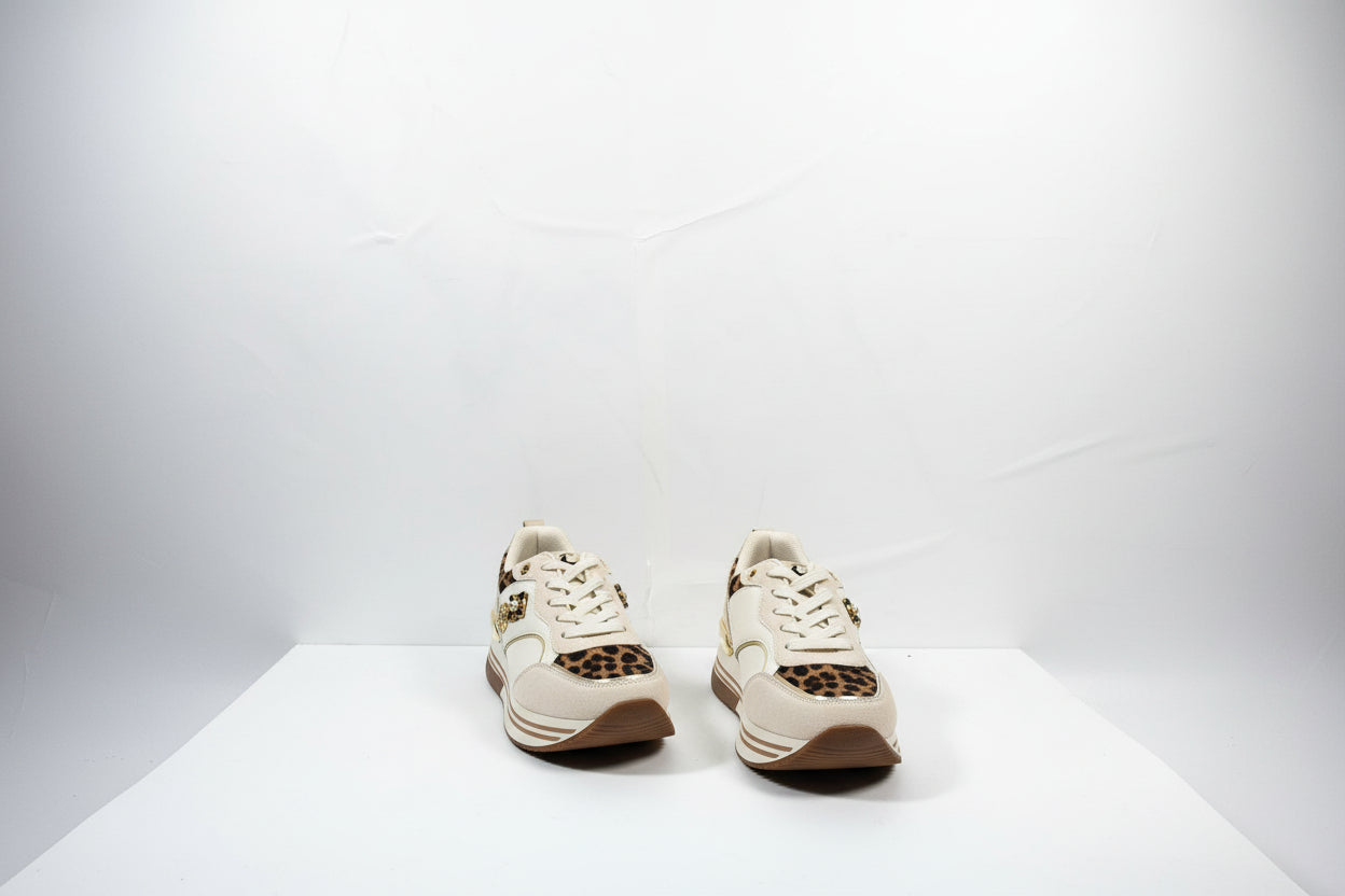 Sneakers Donna Bianche con Dettagli Leopardati - Scarpe Platform Animalier con Borchie