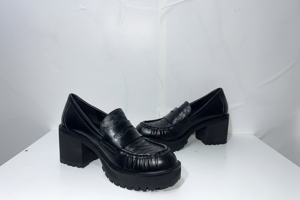 Mocassini Neri con Tacco Chunky e Suola Carrarmato