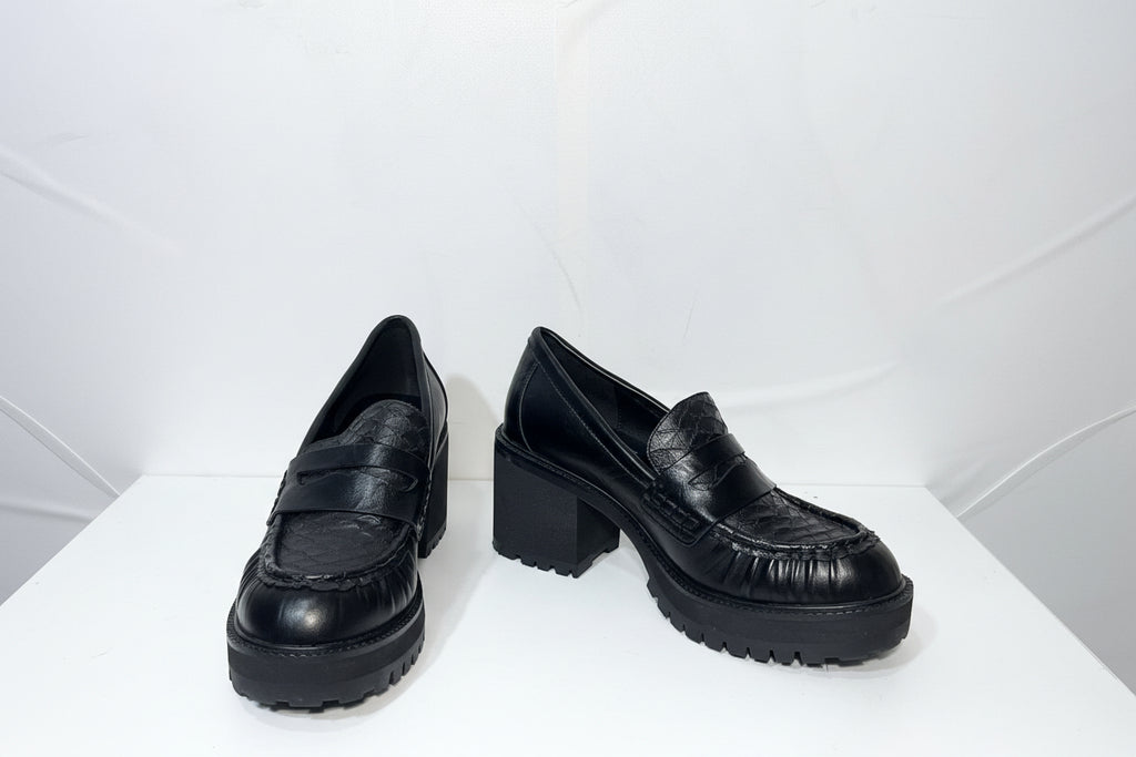 Mocassini Neri con Tacco Chunky e Suola Carrarmato