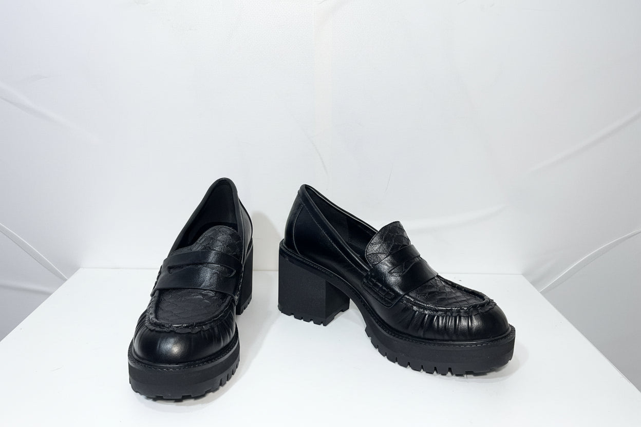 Mocassini Neri con Tacco Chunky e Suola Carrarmato